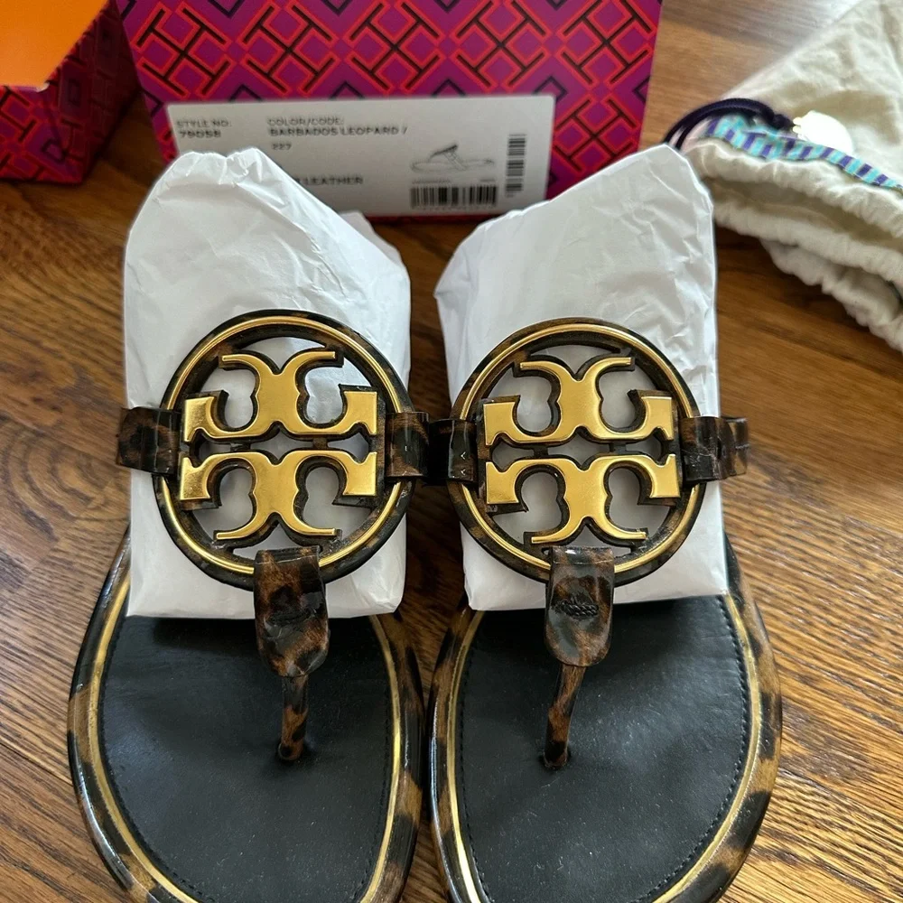 Tory Burch Miller Leopard Logo Thong Sandals - Black & Brown - Picture 5 of 6